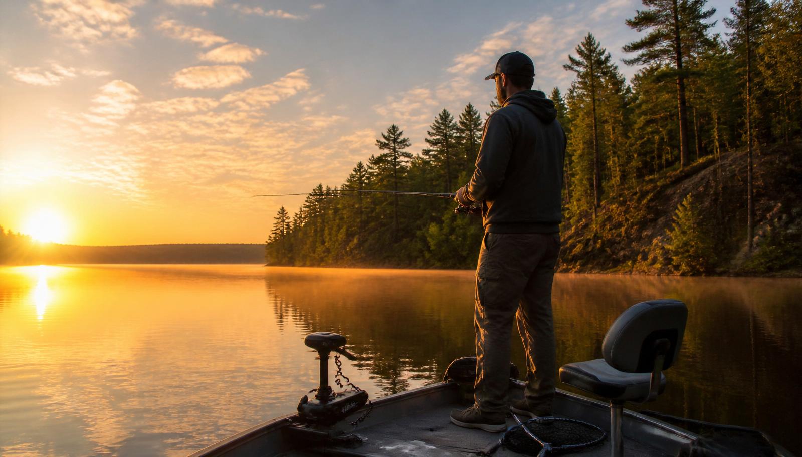 Angler fishing from a boat on a Wisconsin lake at sunrise
