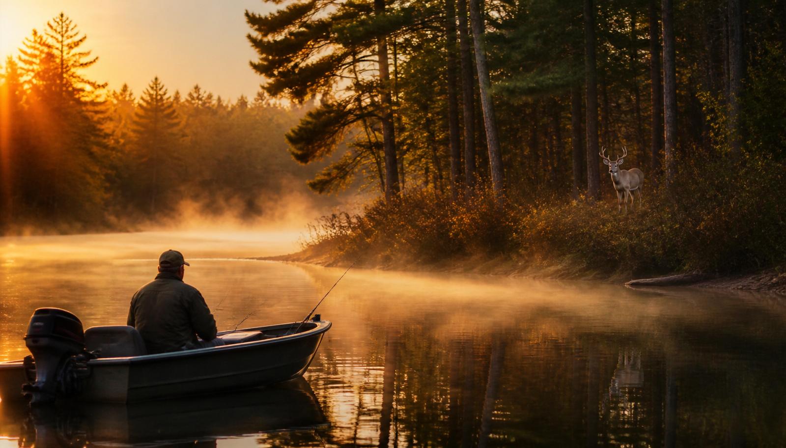 Fishing boat on a misty Wisconsin lake at sunrise with deer near the wooded shore