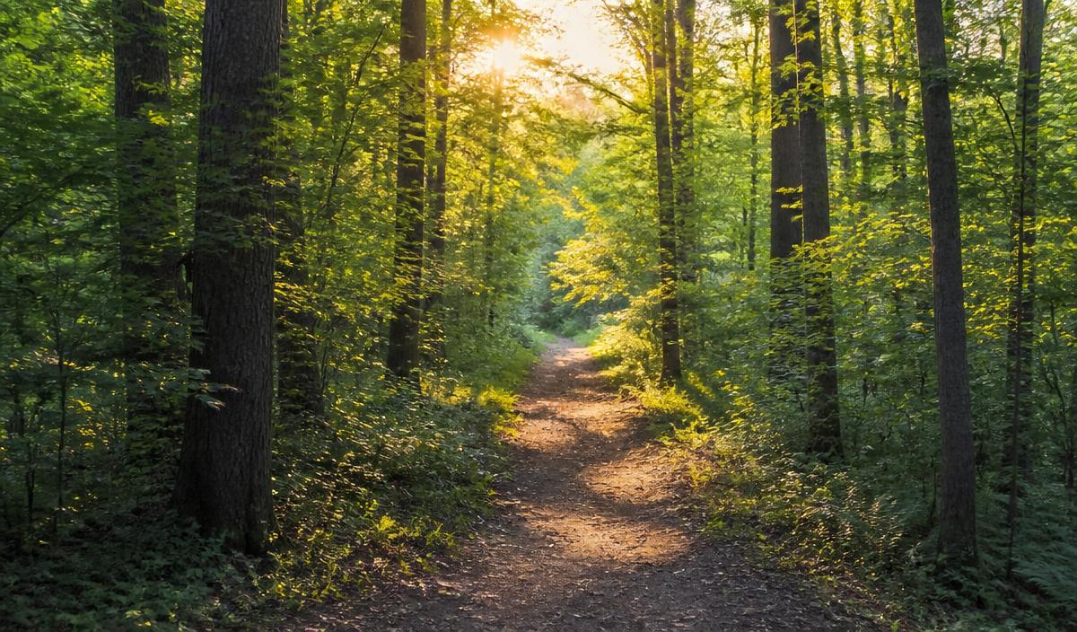 Sunlit forest path in Wisconsin public lands
