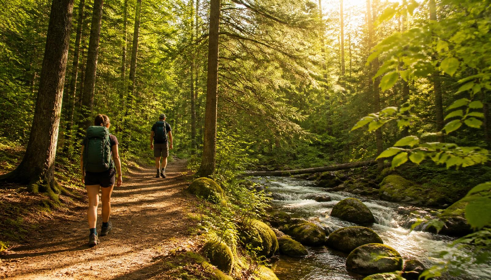 Hikers on a forest trail beside a Wisconsin stream in bright morning light