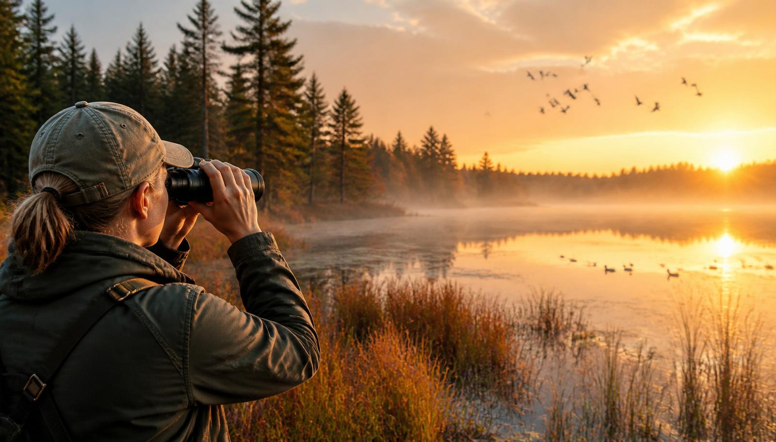 Person birdwatching across a Wisconsin wetland at sunrise